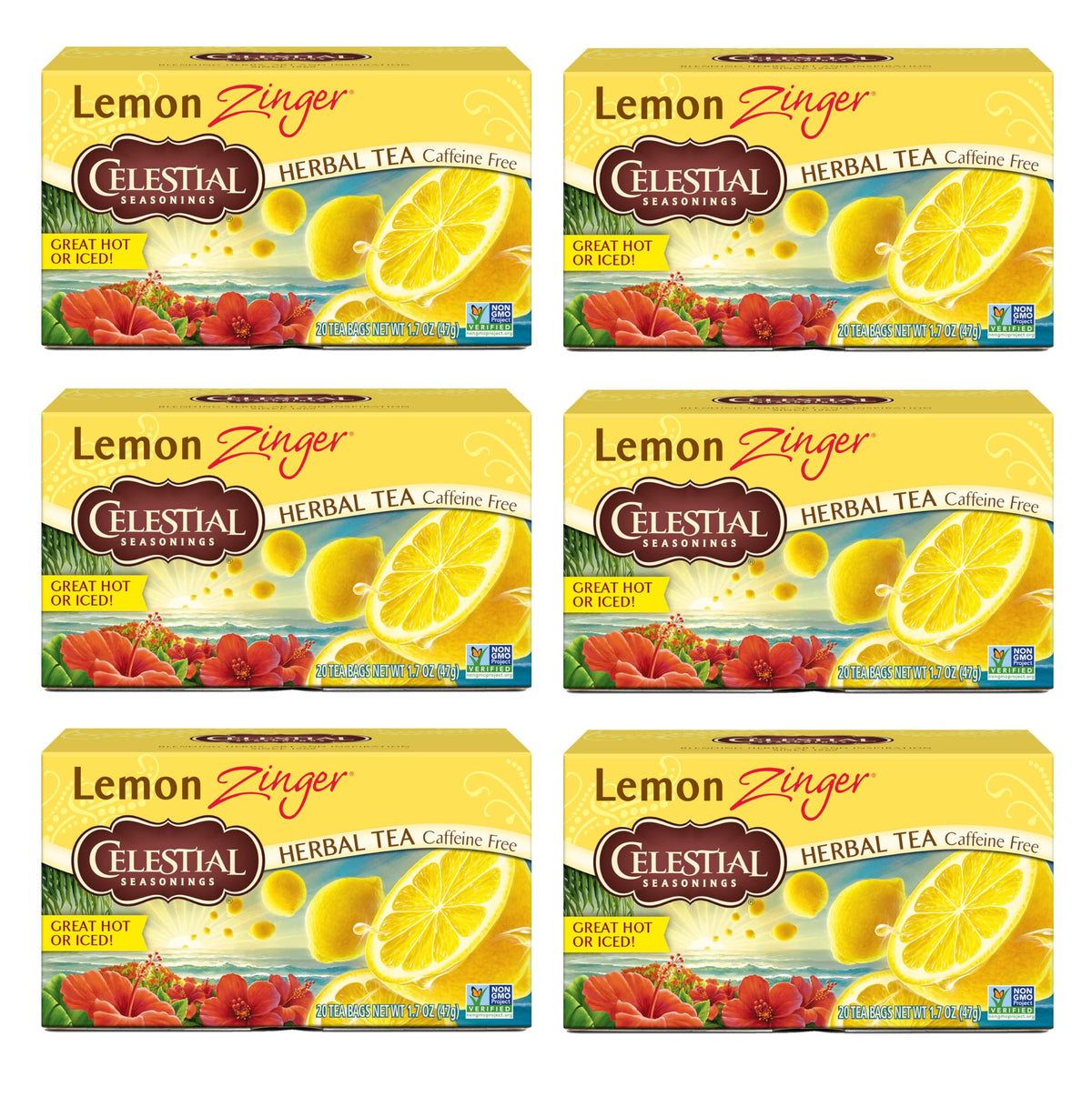 Celestial Seasonings Lemon Zinger tea bag closeup with hot water and bright aroma