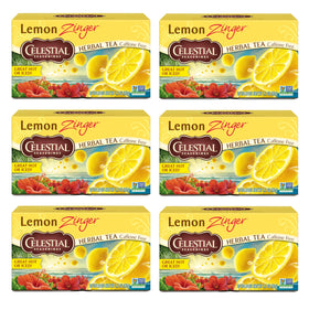 Celestial Seasonings Lemon Zinger tea bag closeup with hot water and bright aroma