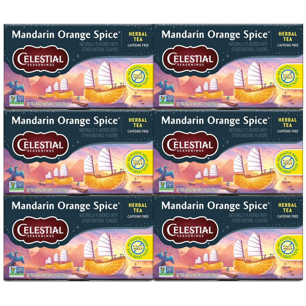 Celestial Seasonings Mandarin Orange Spice tea boxes display the caffeine-free, aromatic blend