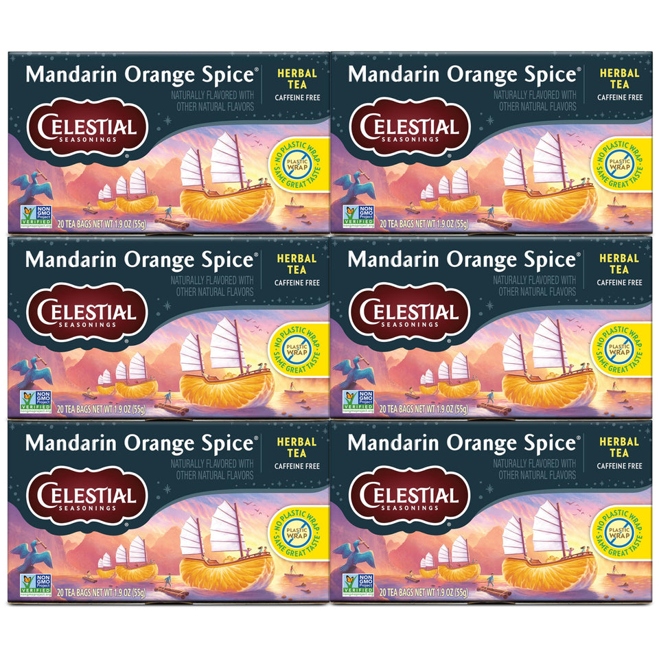 Celestial Seasonings Mandarin Orange Spice tea boxes display the caffeine-free, aromatic blend