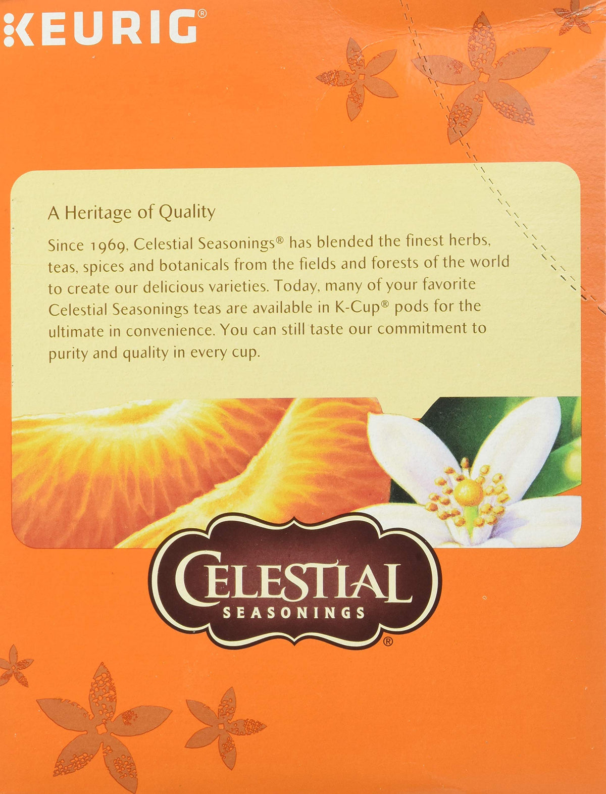 Keurig brewer with Celestial Seasonings Mandarin Orange Spice pod ready.
