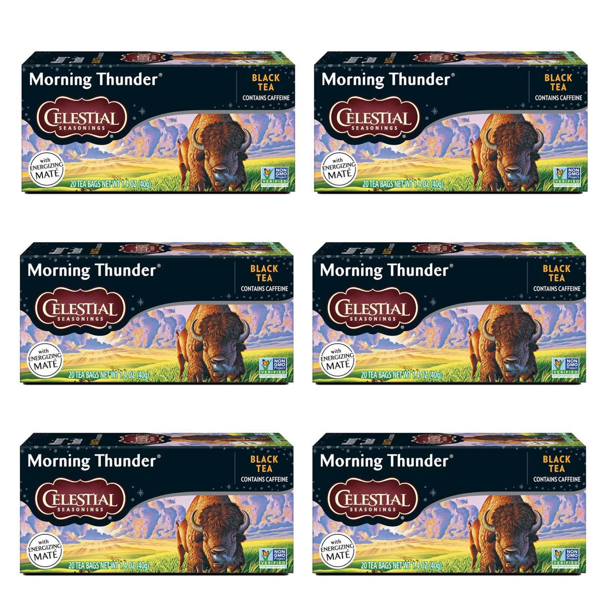 Celestial Seasonings Morning Thunder tea bags steeped in a cup for a bold morning boost.