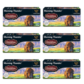 Celestial Seasonings Morning Thunder tea bags steeped in a cup for a bold morning boost.