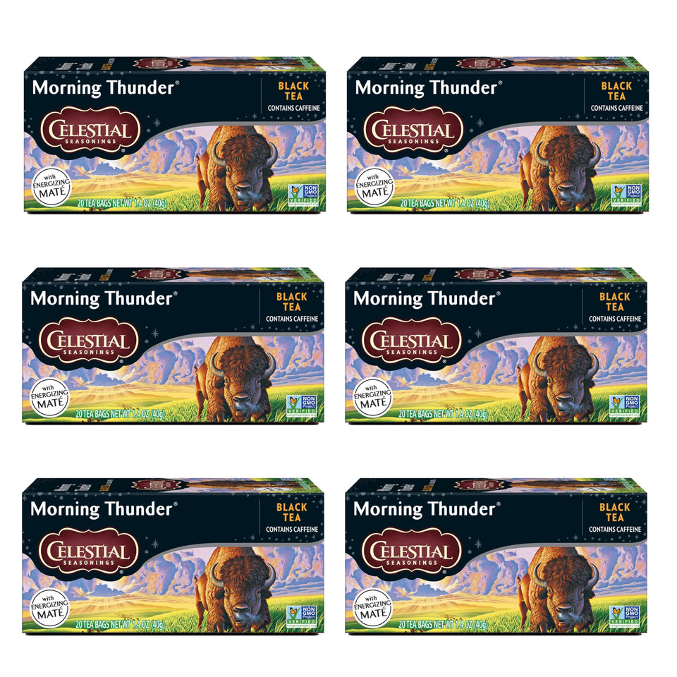 Celestial Seasonings Morning Thunder tea bags steeped in a cup for a bold morning boost.