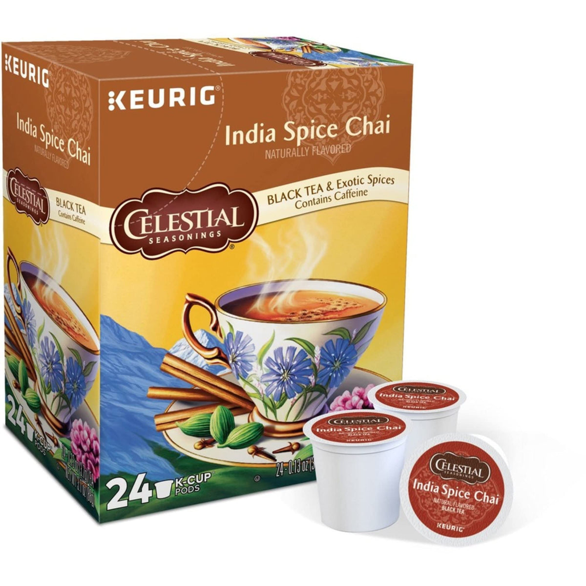 Celestial Seasonings Original India Spice Chai K-Cup Pod in cup, brewing aroma and comforting spice.