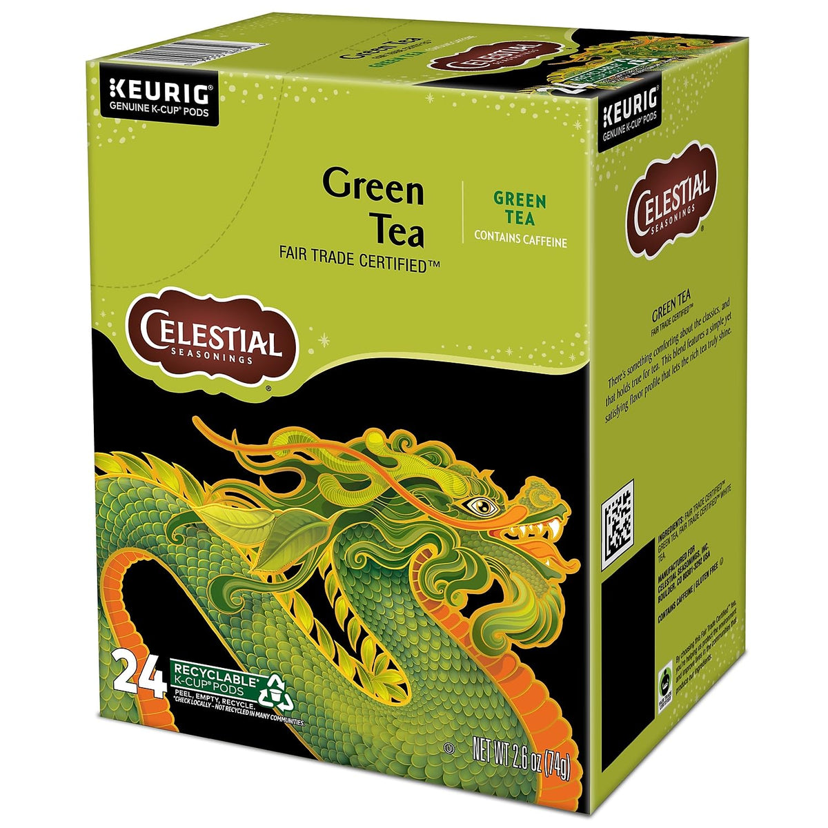 Orthodox Union kosher logo on Celestial Seasonings green tea packaging for quality assurance.