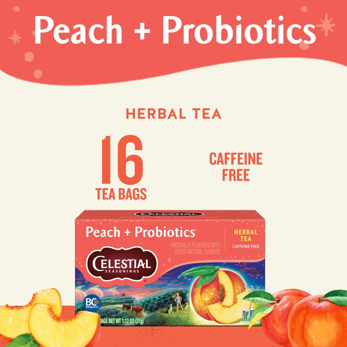 Close-up of Celestial Seasonings Peach + Probiotics tea box label and ingredients