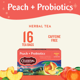 Close-up of Celestial Seasonings Peach + Probiotics tea box label and ingredients