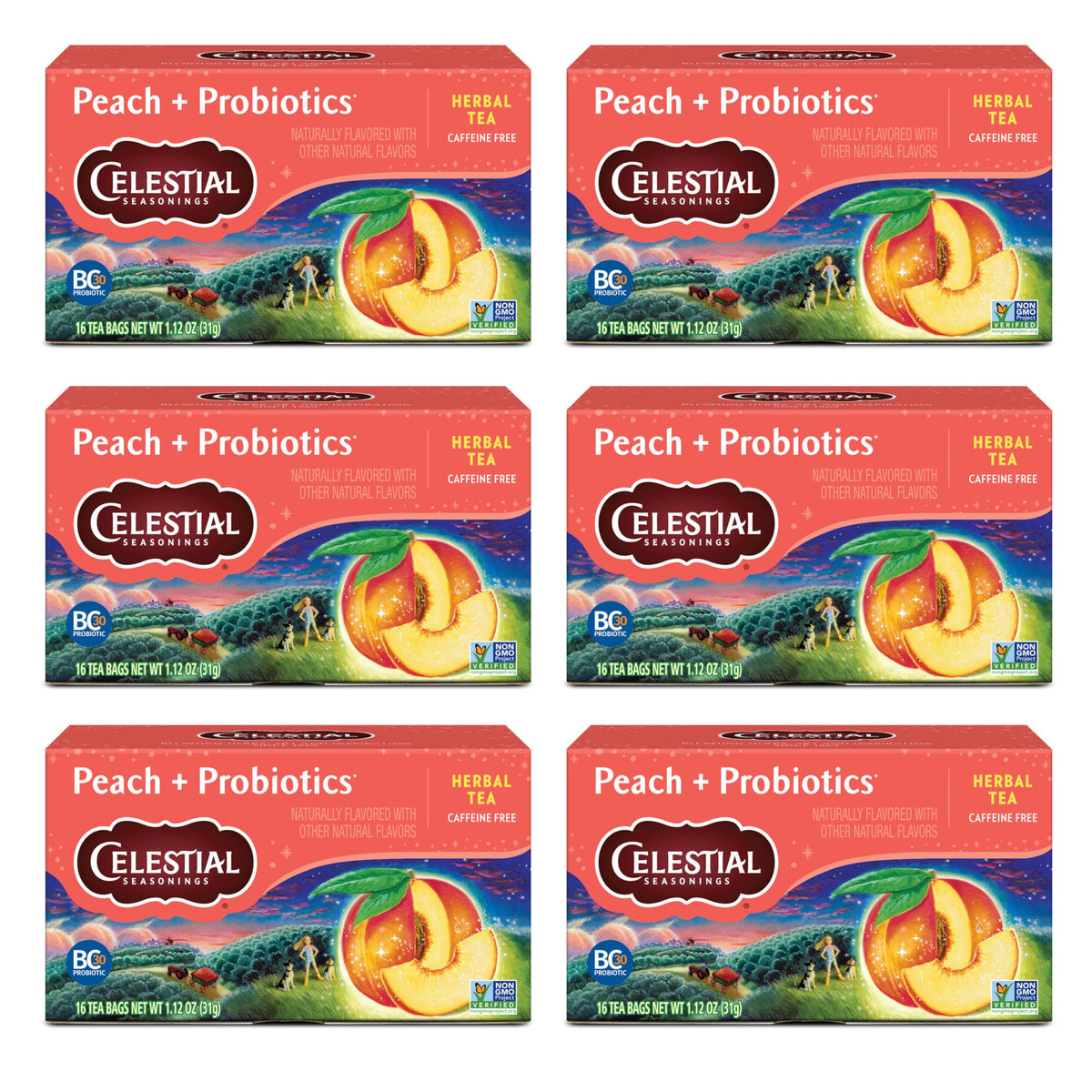 Celestial Seasonings Peach + Probiotics tea box front for caffeine-free daily enjoyment