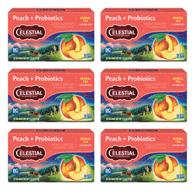Celestial Seasonings Peach + Probiotics tea box front for caffeine-free daily enjoyment