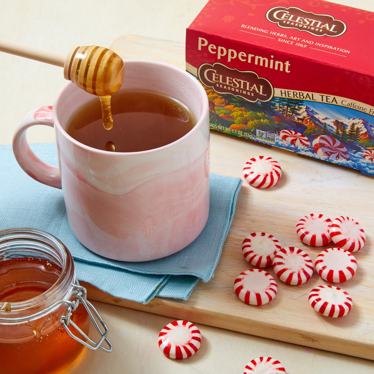 Close-up of Celestial Seasonings peppermint tea bags, caffeine-free and pure peppermint.
