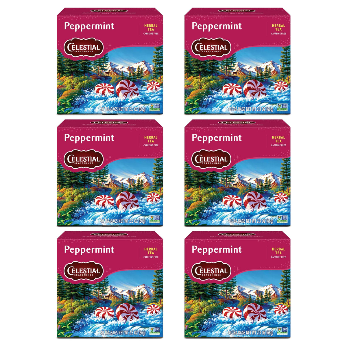 Celestial Seasonings Peppermint tea box front, six-pack arrangement, inviting and convenient.