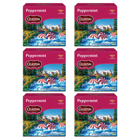 Celestial Seasonings Peppermint tea box front, six-pack arrangement, inviting and convenient.