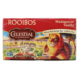 Celestial Seasonings Red Rooibos Madagascar Vanilla pack with warm vanilla aroma.