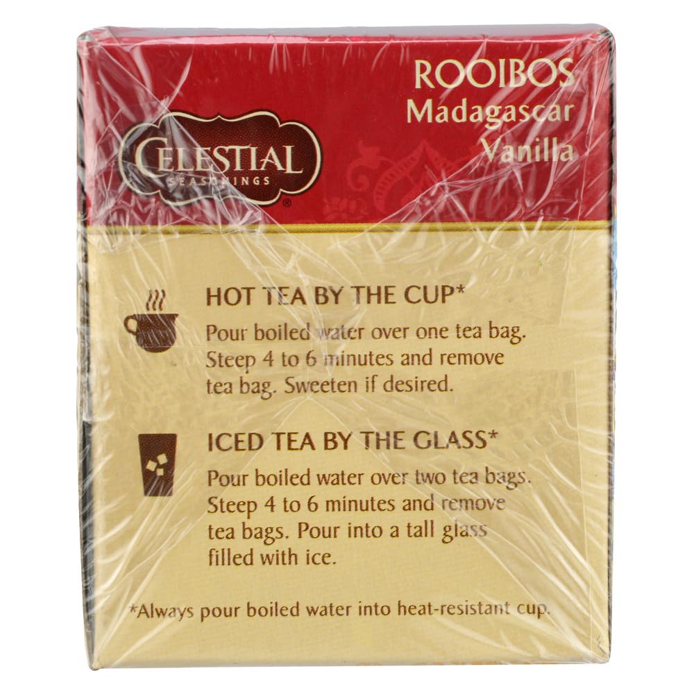 Brewed Celestial Seasonings Red Rooibos Madagascar Vanilla cup with natural sweetness.