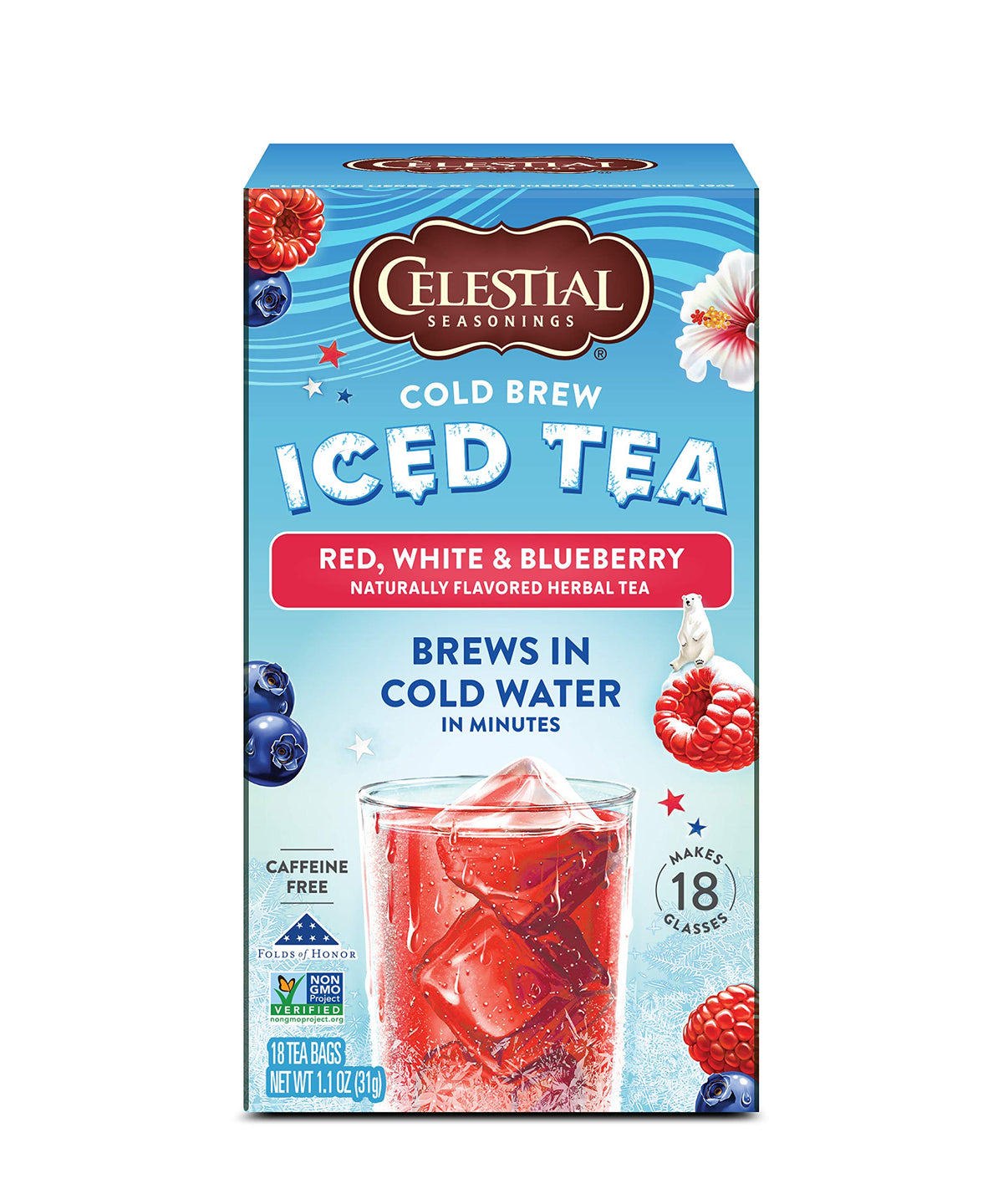 Celestial Seasonings Red, White & Blueberry tea bags for caffeine-free cold brew.