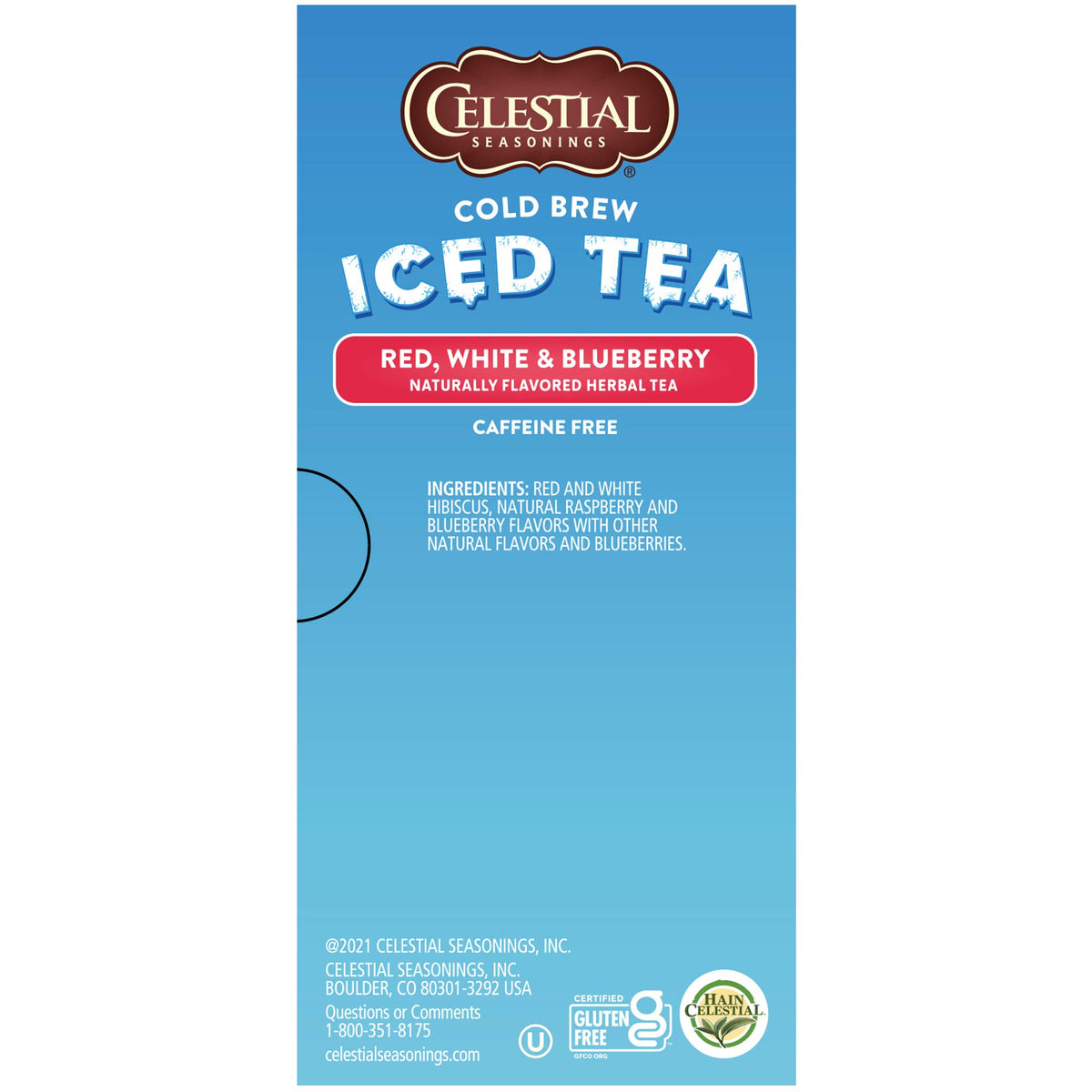 Pouring Celestial Seasonings Red, White & Blueberry brew over ice into a glass.