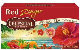 Celestial Seasonings Red Zinger leaves closeup, herbal aroma and color.