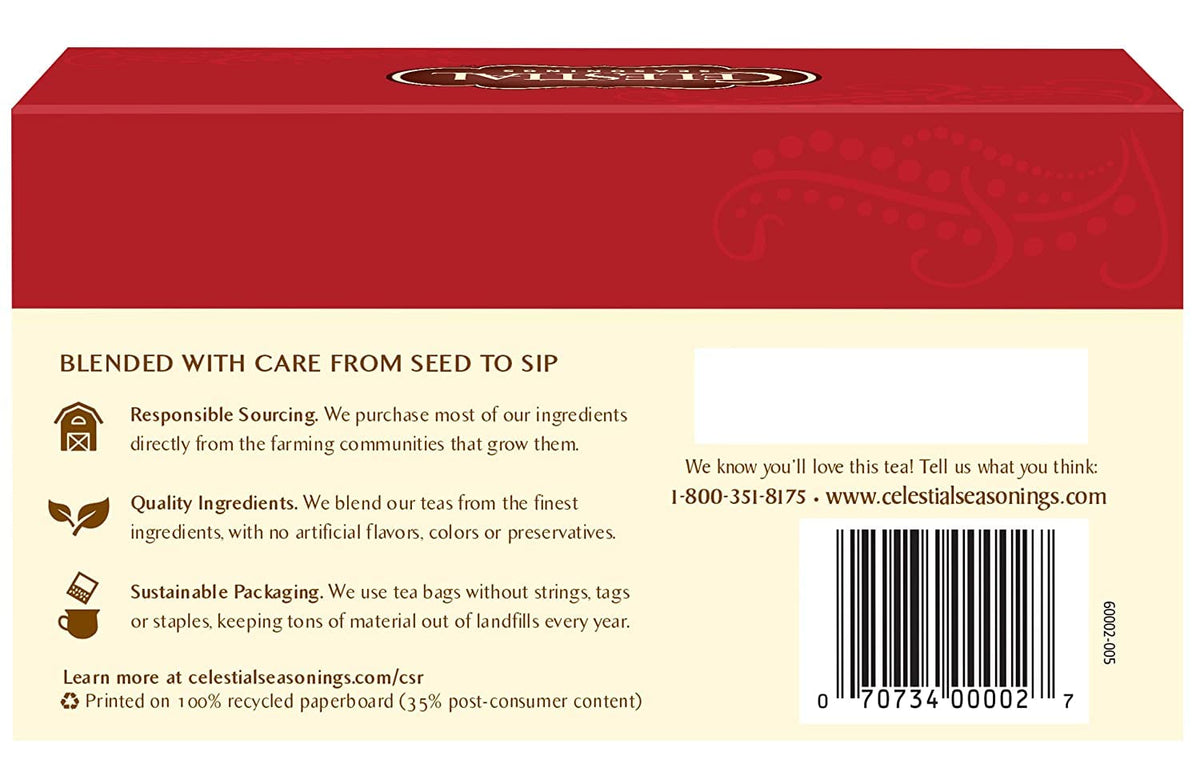 Celestial Seasonings Red Zinger tea bags closeup, convenient caffeine-free option.
