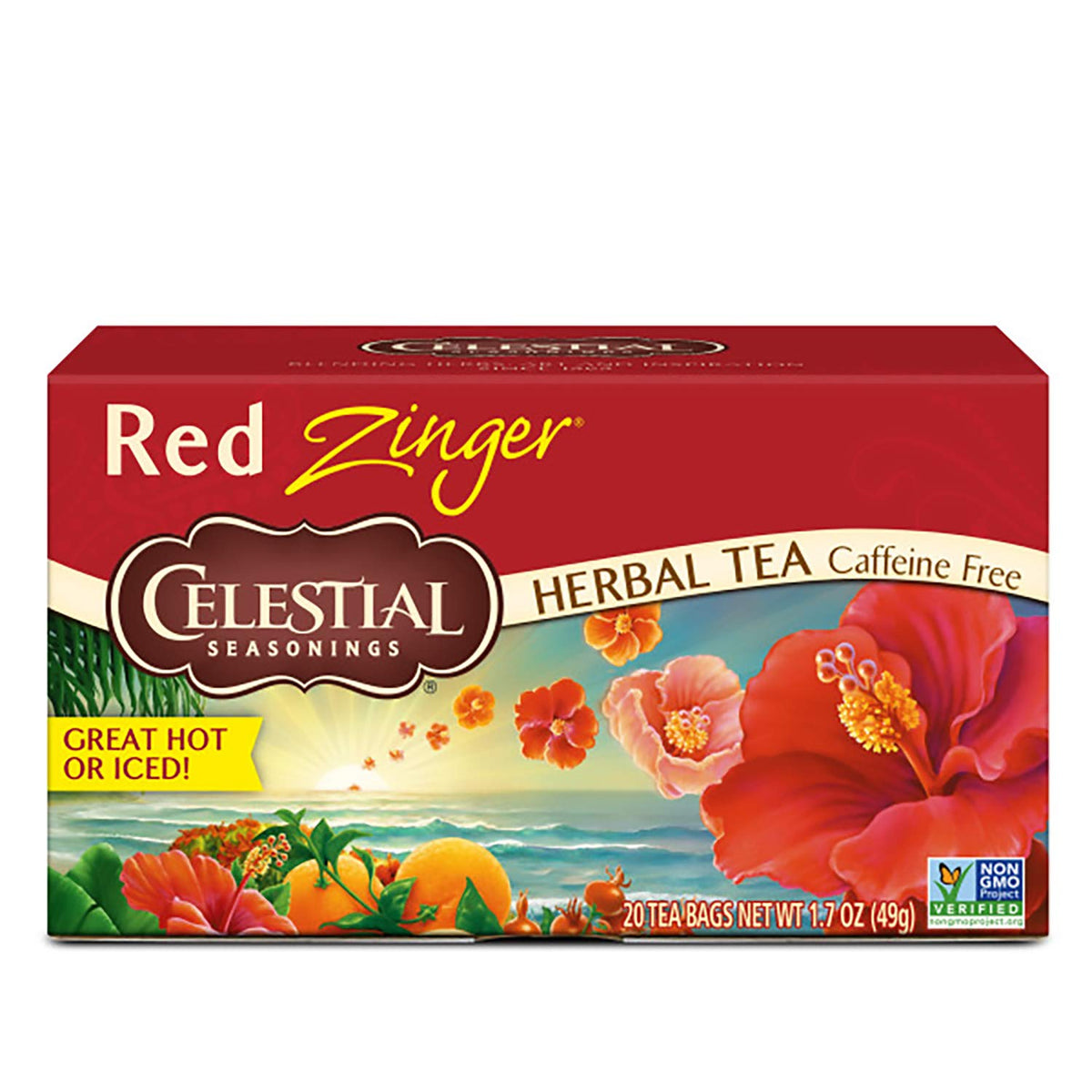 Celestial Seasonings Red Zinger tea bags steeping for a warming morning cup