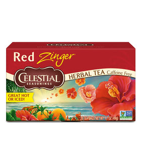 Celestial Seasonings Red Zinger tea bags steeping for a warming morning cup