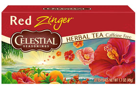 Celestial Seasonings Red Zinger tea box front, caffeine-free herbal blend for daily moments.