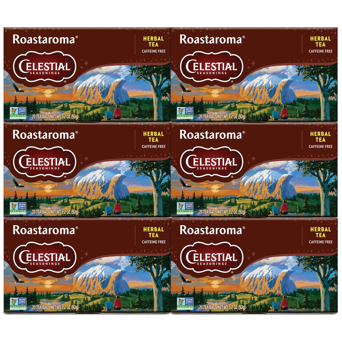 Celestial Seasonings Roastaroma tea bags in a six-pack box for a cozy caffeine-free flavor