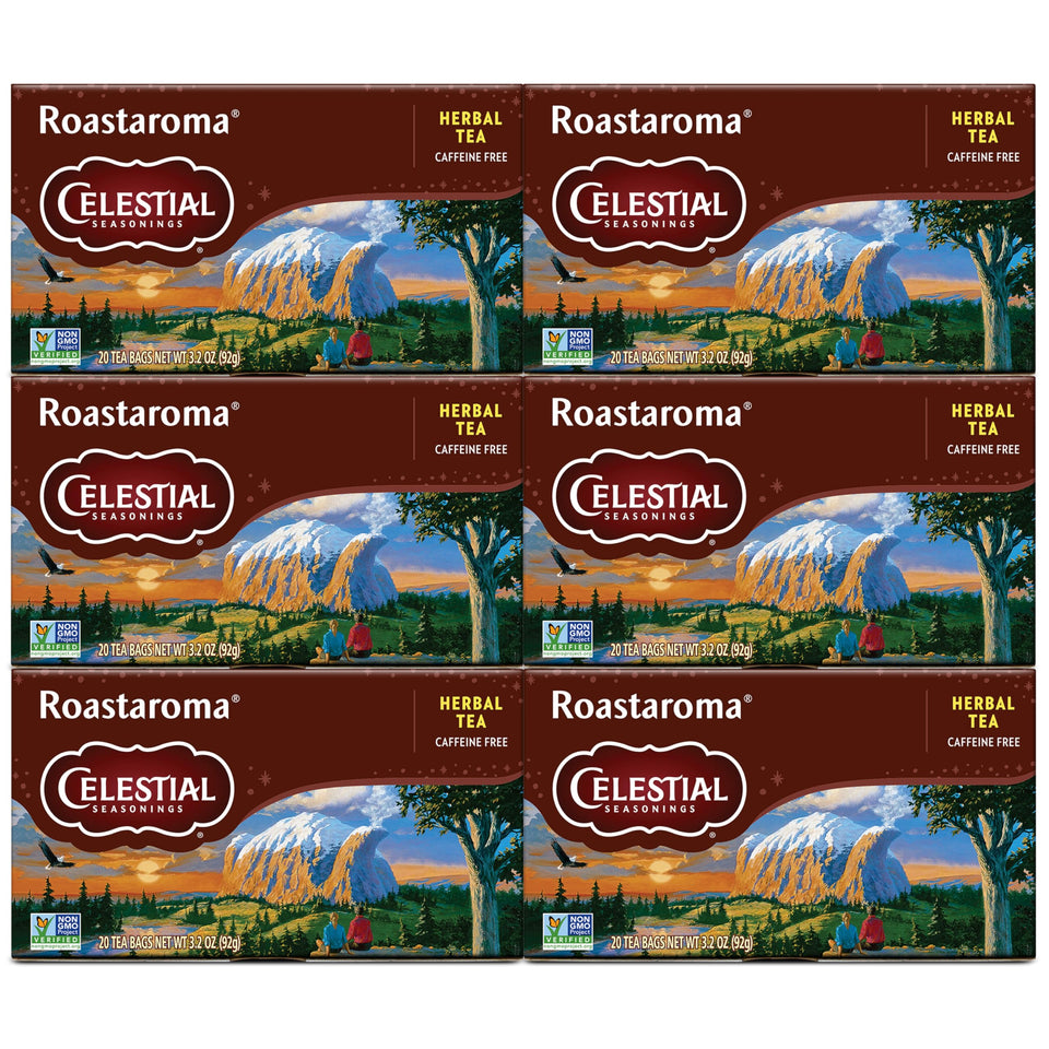 Celestial Seasonings Roastaroma tea bags in a six-pack box for a cozy caffeine-free flavor