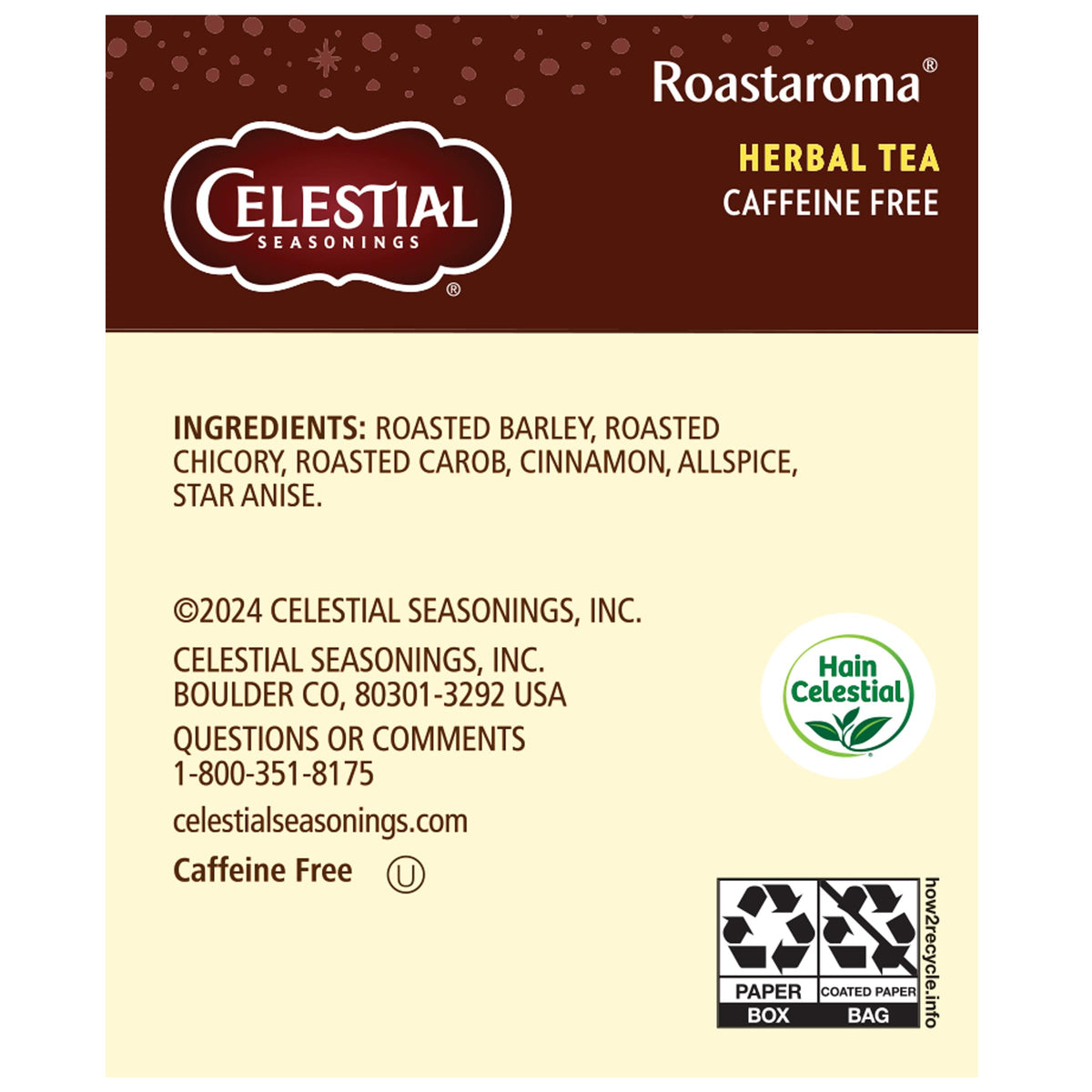 Celestial Seasonings Roastaroma tea bags closeup highlights roasted carob and chicory notes