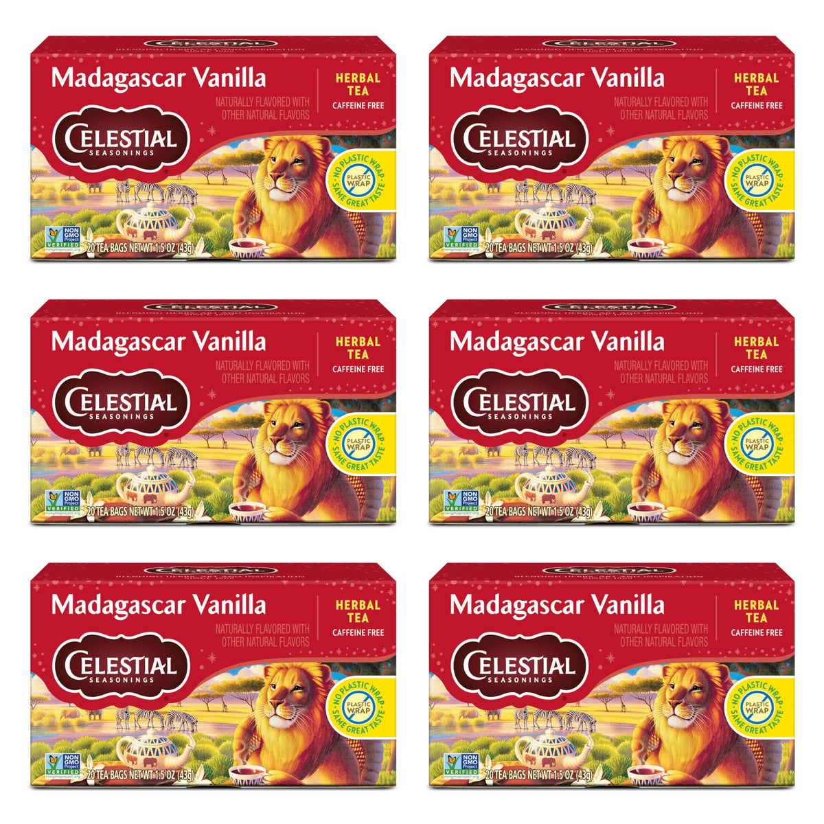 Celestial Seasonings Rooibos Madagascar Vanilla tea box for a caffeine-free moment