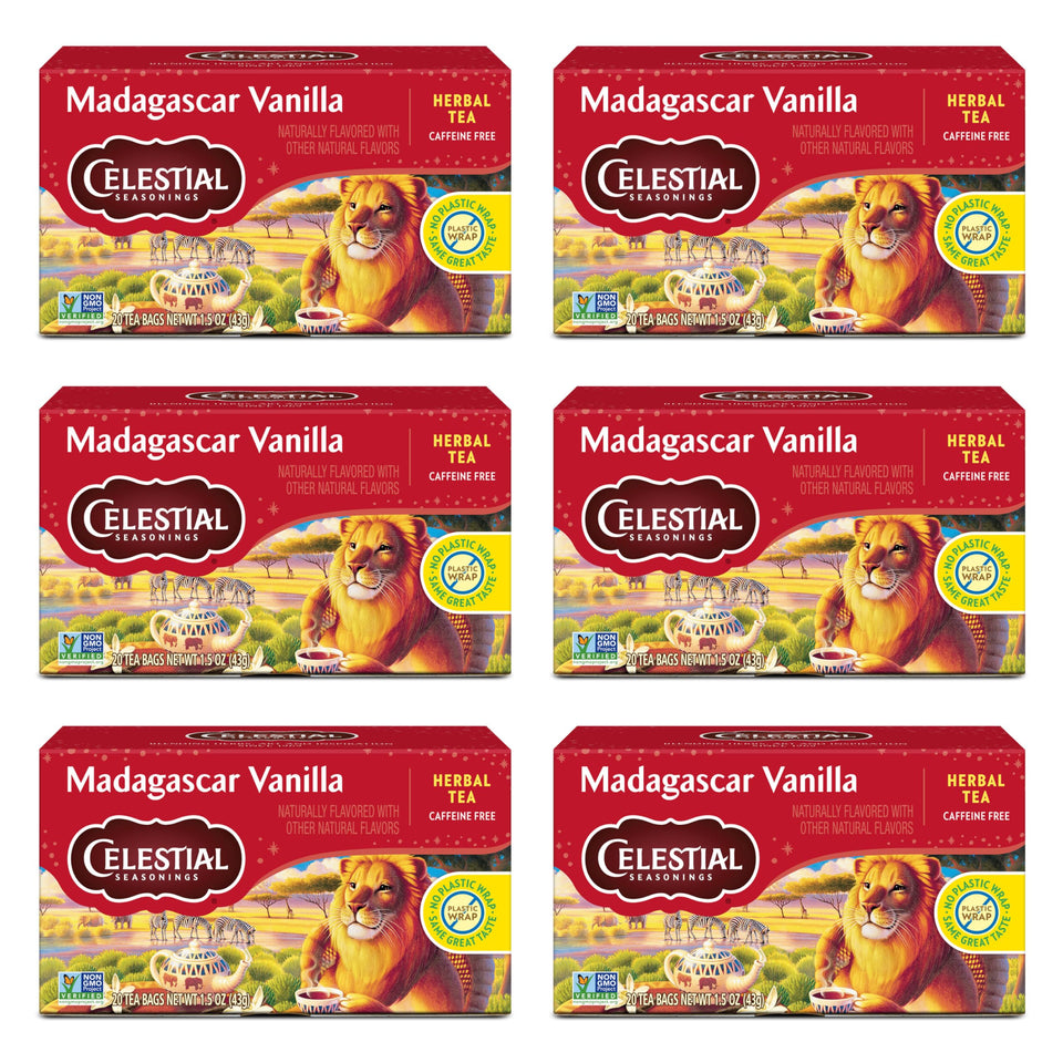 Celestial Seasonings Rooibos Madagascar Vanilla tea box for a caffeine-free moment