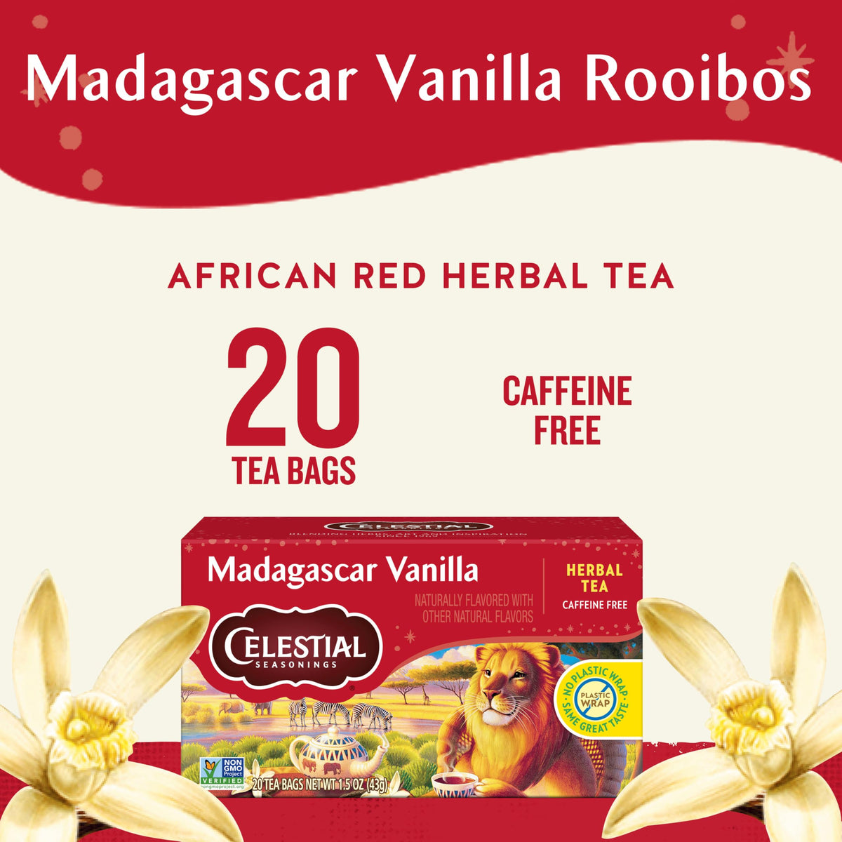 Celestial Seasonings Rooibos Madagascar Vanilla tea bags ready to brew