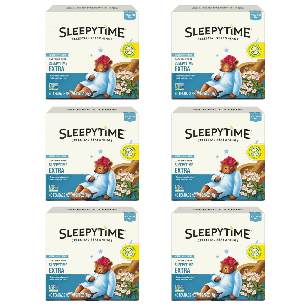 Celestial Seasonings Sleepytime Extra tea bag promotes a calming bedtime ritual.