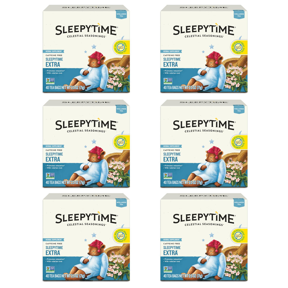 Celestial Seasonings Sleepytime Extra tea bag promotes a calming bedtime ritual.