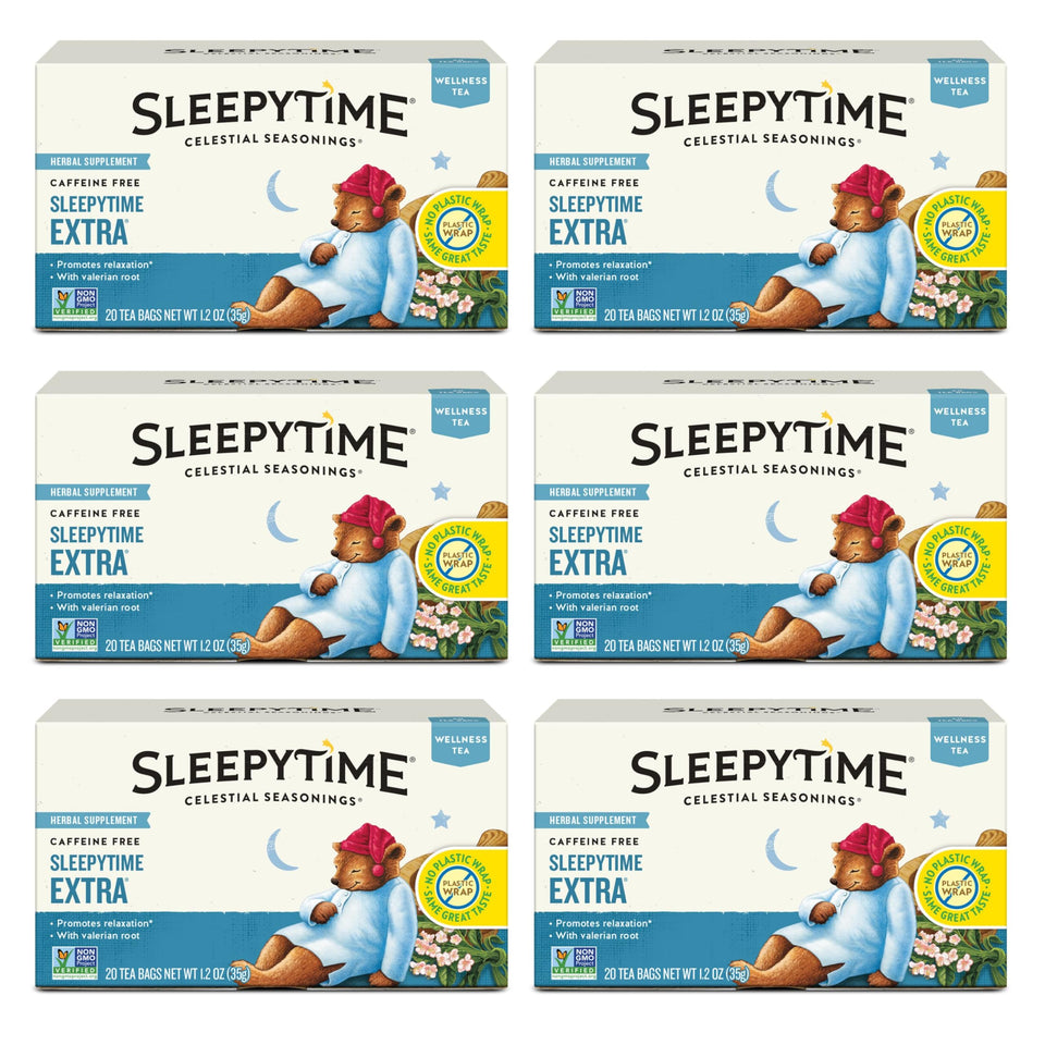 Celestial Seasonings Sleepytime Extra tea bag in a mug for a calming evening ritual