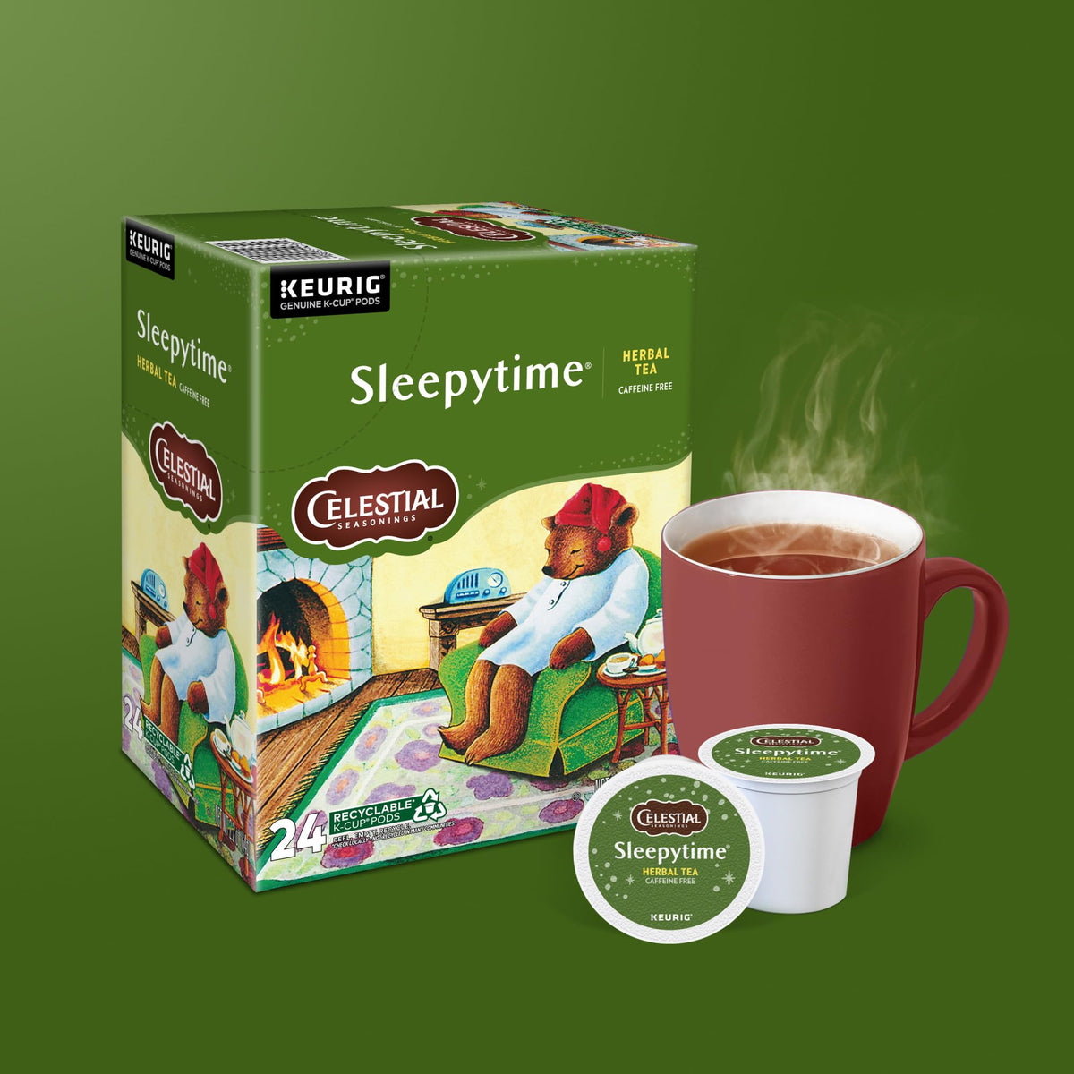 Celestial Seasonings Sleepytime pods on a kitchen counter for easy evenings.