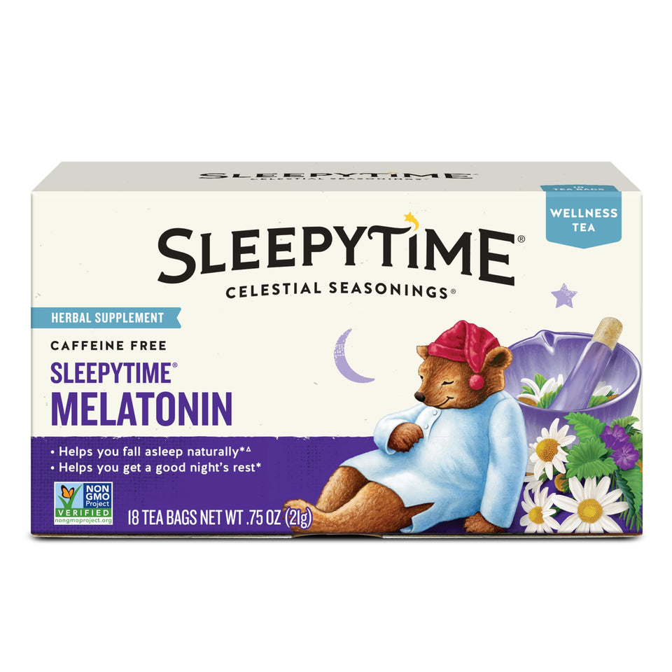 Celestial Seasonings Sleepytime Melatonin Wellness Tea pack — caffeine-free herbal blend for evening relaxation