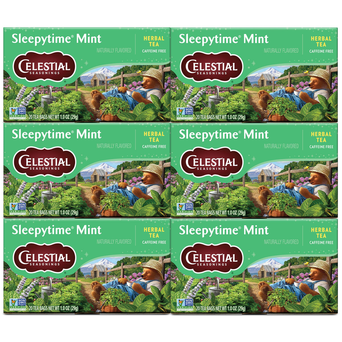 Celestial Seasonings Sleepytime Mint tea box offers calming bedtime blend for unwinding