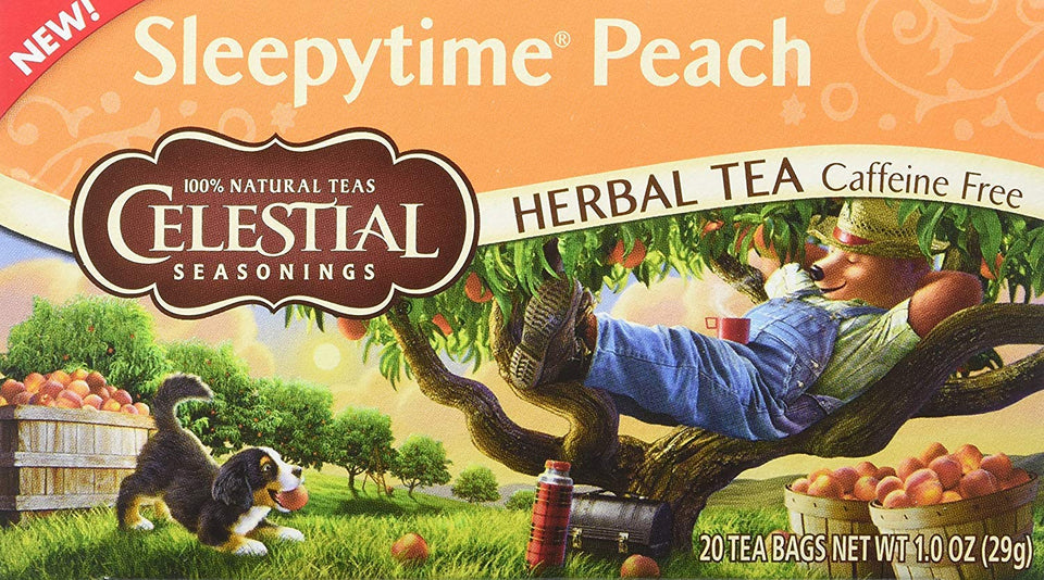 Celestial Seasonings Sleepytime Peach packaging with whimsical artwork for a calming tea moment