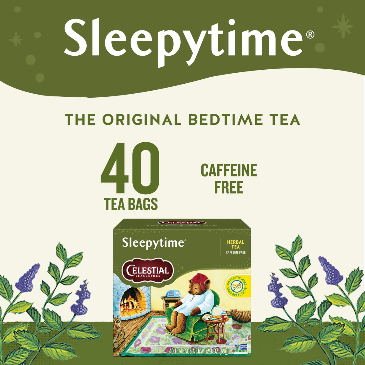 Sleepytime tea bags closeup highlighting chamomile spearmint lemongrass aromas