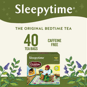 Sleepytime tea bags closeup highlighting chamomile spearmint lemongrass aromas
