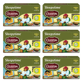 Celestial Seasonings Sleepytime tea bags in a mug for a calming evening.