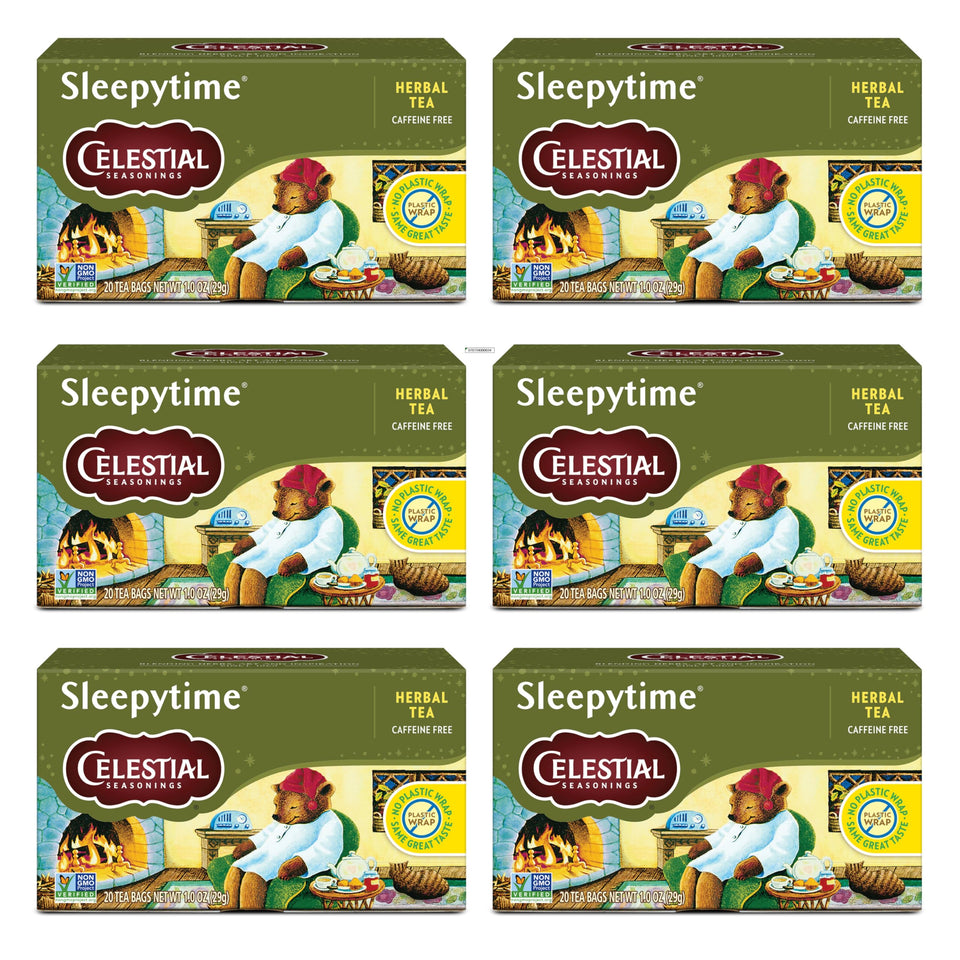 Celestial Seasonings Sleepytime tea bags in a mug for a calming evening.