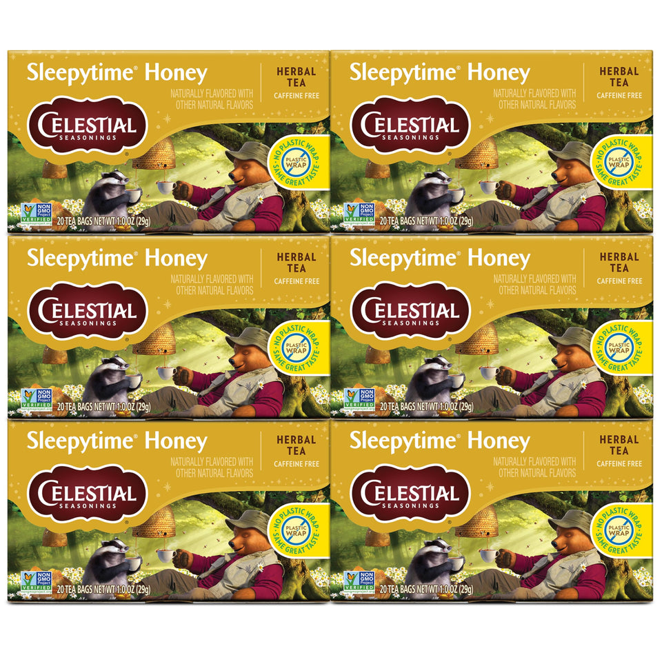 Celestial Seasonings Sleepytime tea bags ready to steep for a calming cup