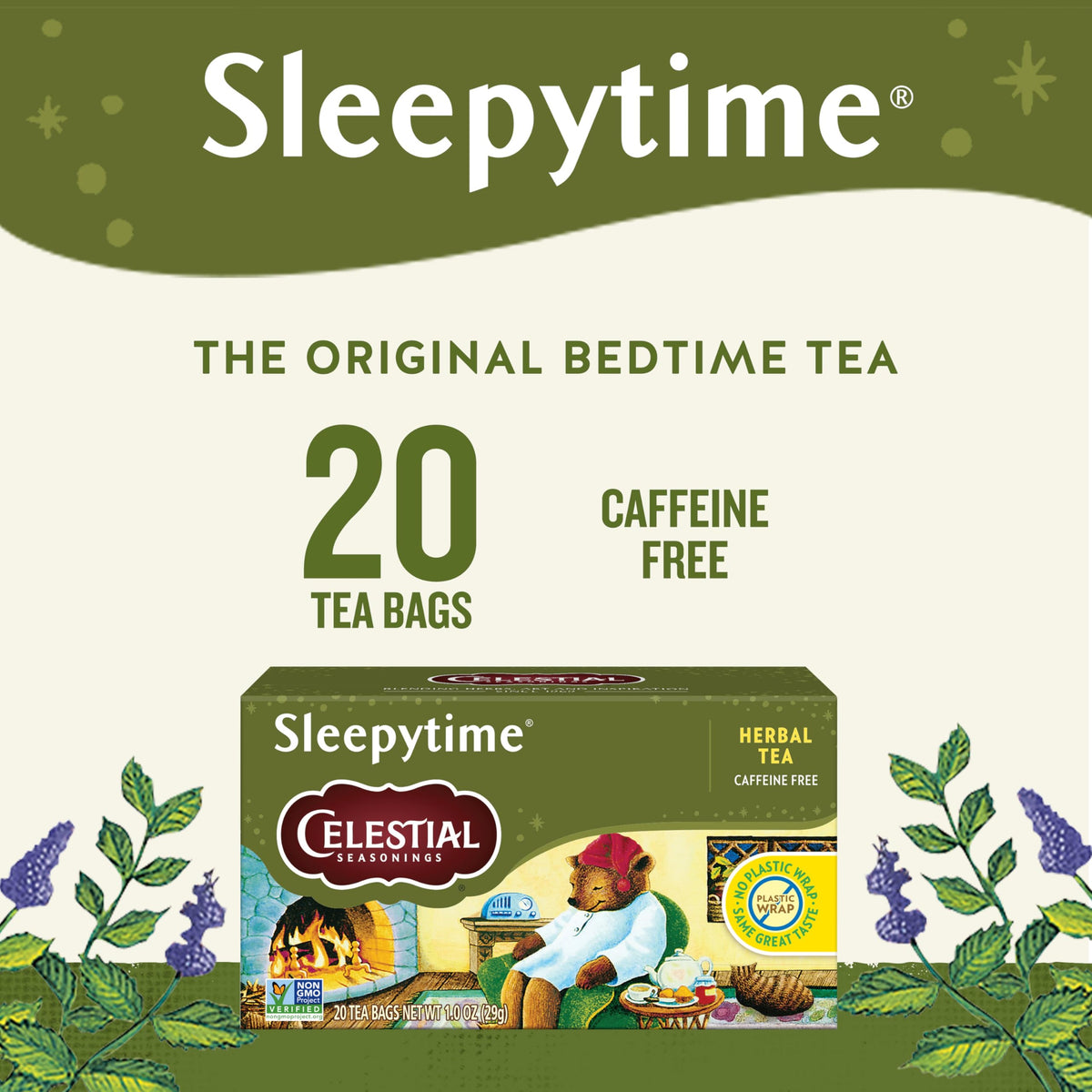 Sleepytime tea box with 20 bags, ideal for a peaceful nightly routine.