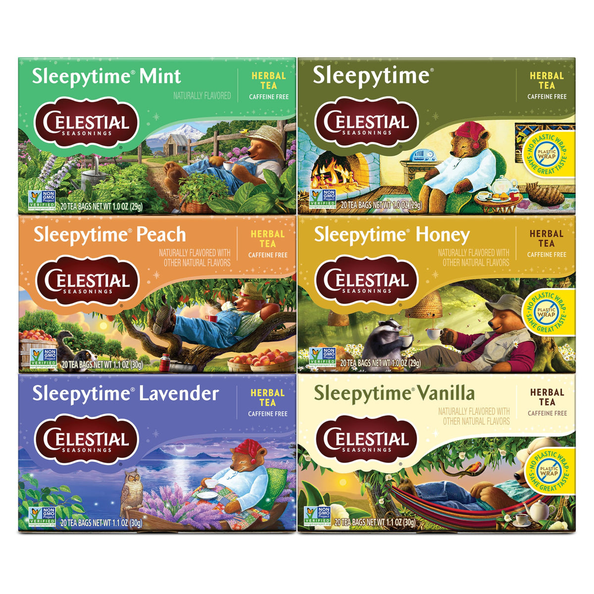 Celestial Seasonings Sleepytime variety-pack box showing caffeine-free herbal bliss for night-time routines.