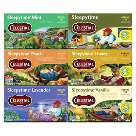 Celestial Seasonings Sleepytime variety-pack box showing caffeine-free herbal bliss for night-time routines.
