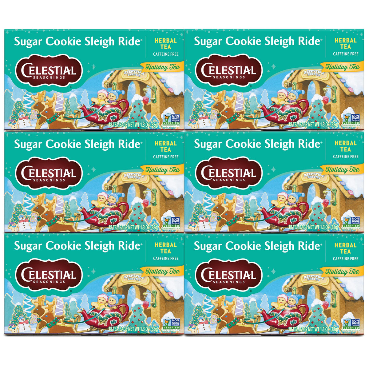 Celestial Seasonings Sugar Cookie Sleigh Ride boxes, eco-packaged for holiday gifting.