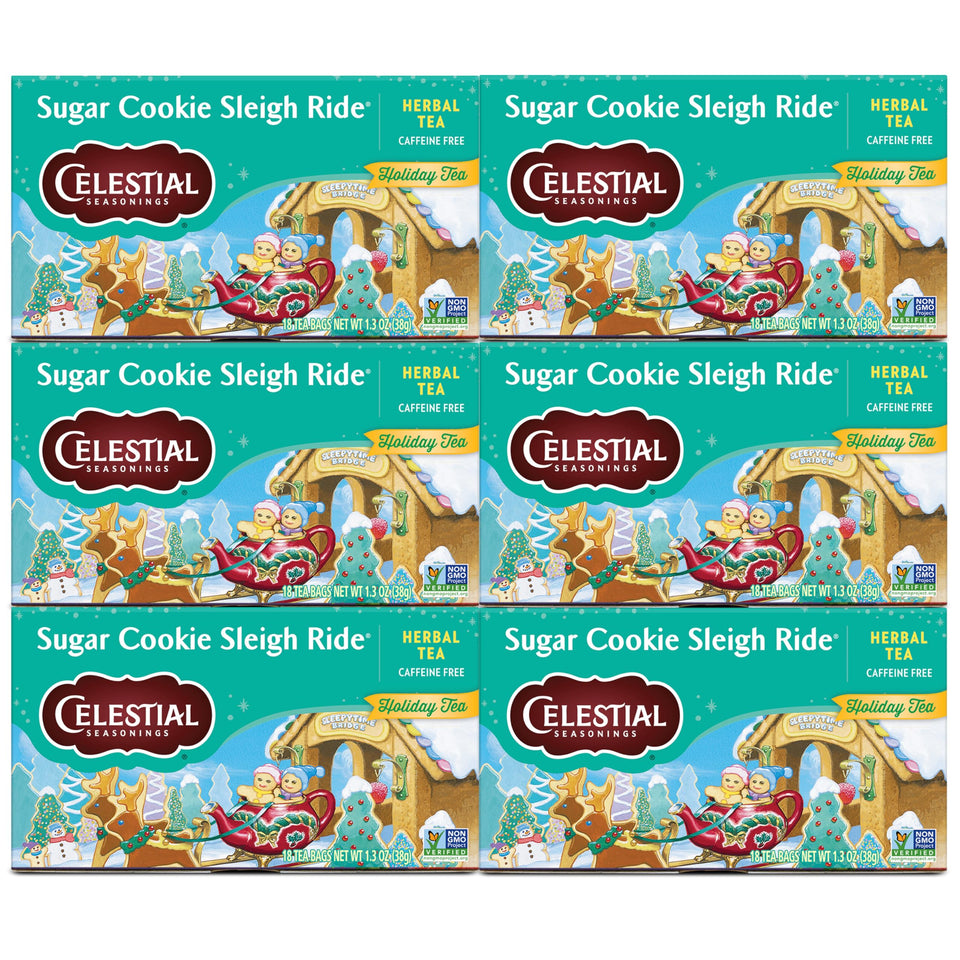 Celestial Seasonings Sugar Cookie Sleigh Ride boxes, eco-packaged for holiday gifting.