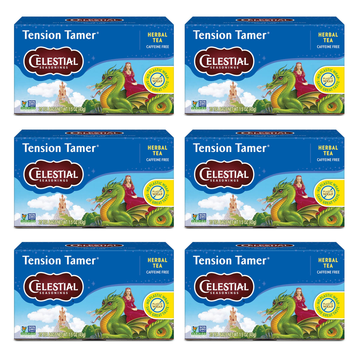 Celestial Seasonings Tension Tamer tea box packaging with eco-friendly materials